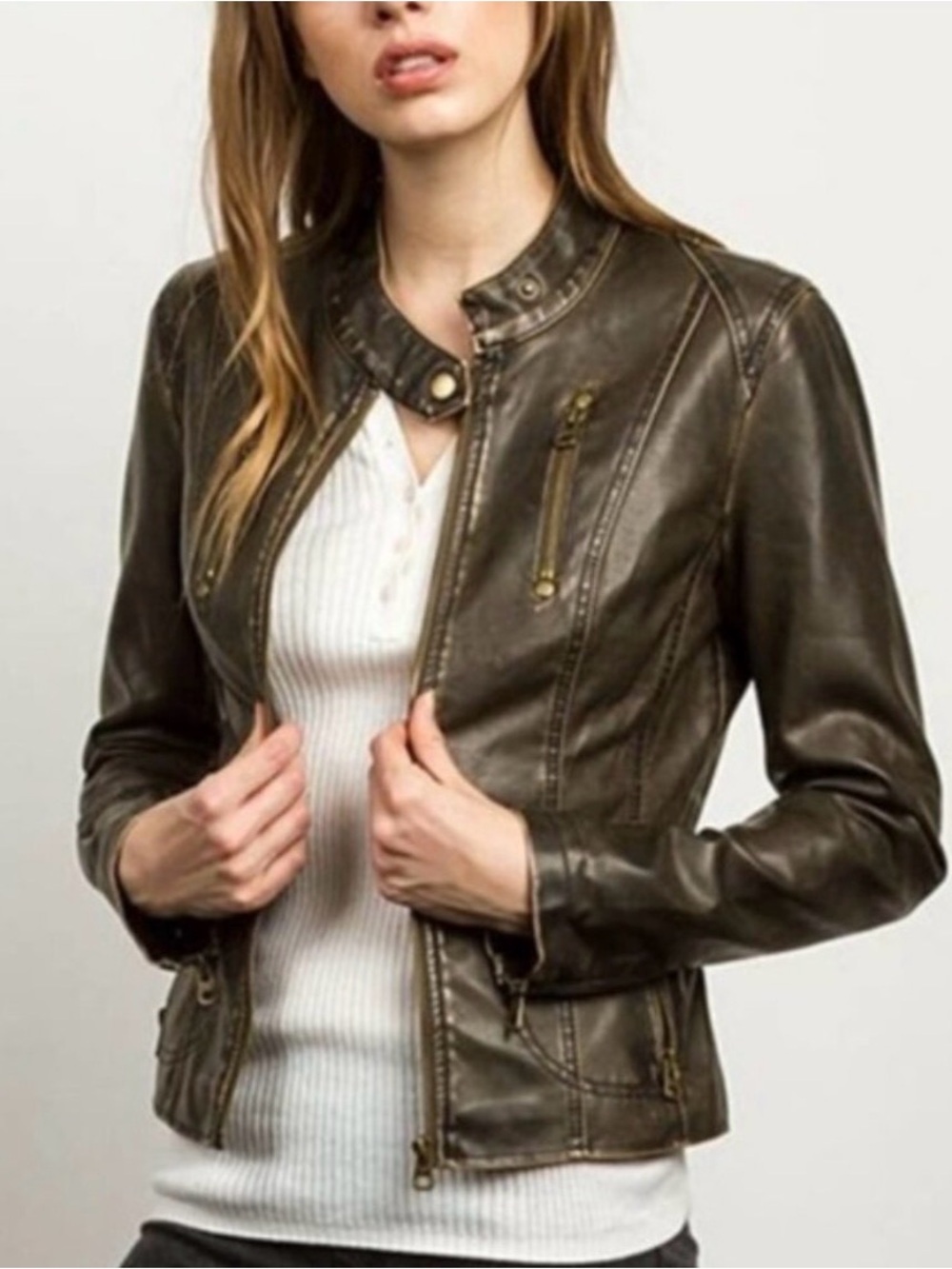 TCEC Olive Green Faux-Leather Moto Jacket